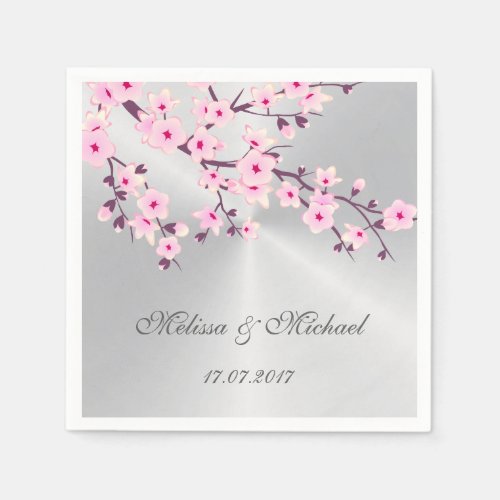 Silver Pink Cherry Blossoms Wedding Napkins