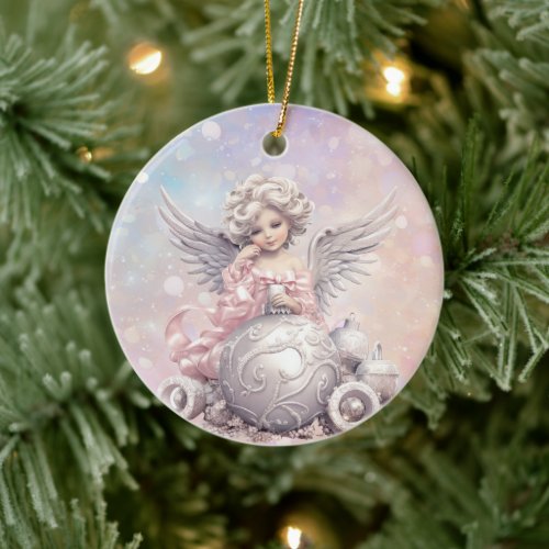 Silver Pink Christmas Angel Girl Ceramic Ornament