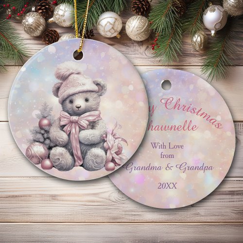 Silver Pink Christmas Teddy Bear Granddaughter Ceramic Ornament