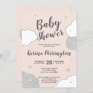 Silver pink clouds stars girl baby shower invitation