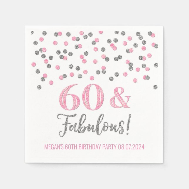 Silver Pink Confetti 60 & Fabulous Napkins (Front)