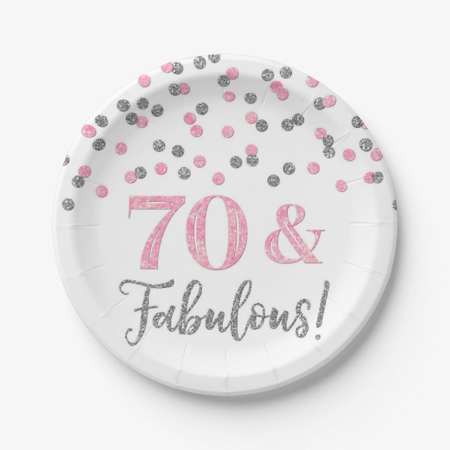 Silver  Pink Confetti 70 and Fabulous  Paper Plates (Front)