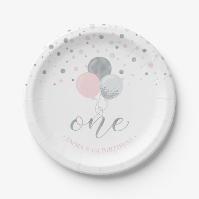 Silver & Pink Confetti Balloons 1st Birthday Party Paper Plates (Front)