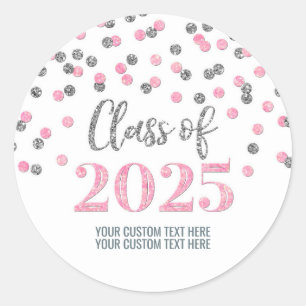 Silver Pink Confetti Graduation 2025 Classic Round Sticker