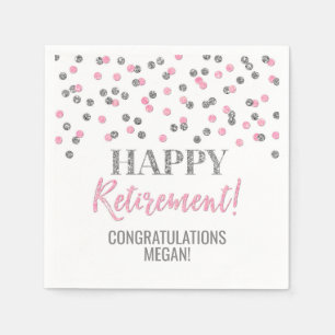 Silver Pink Confetti Happy Retirement Napkins