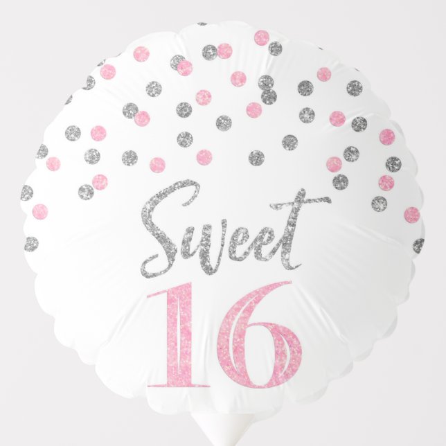 Silver Pink Confetti Sweet 16 Birthday Balloon (Front)