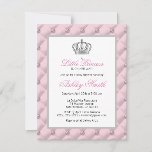 Silver Pink Crown Princess Baby Shower Invitation