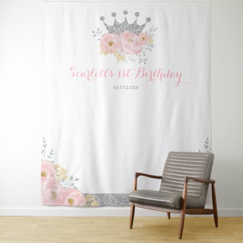 Silver Pink Crown Princess Birthday Photo Booth Tapestry