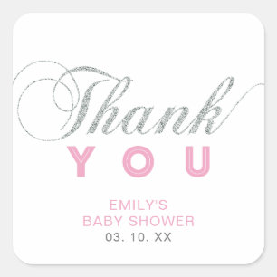 Silver & Pink Custom Party Thank You Sticker