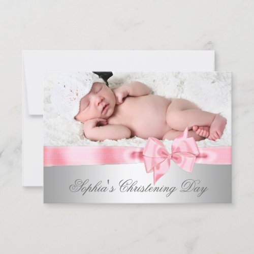 Silver Pink Damask Bow Girl Photo Christening Personalized Invitations