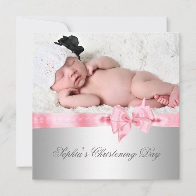 Silver Pink Damask Bow Girl Photo Christening Invitation (Front)