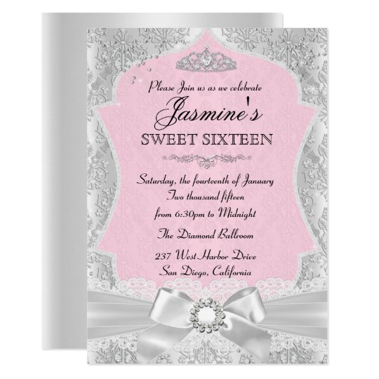 Silver Pink Damask Bow Sweet 16 Invitation