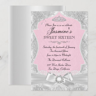 Silver Pink Damask Bow Sweet 16 Invitation