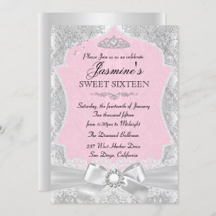 Silver Pink Damask Bow Sweet 16 Invitation