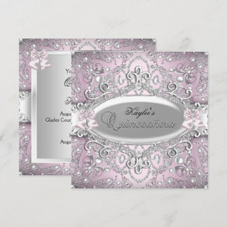 Silver & Pink Damask Pearl Quinceanera Invitation