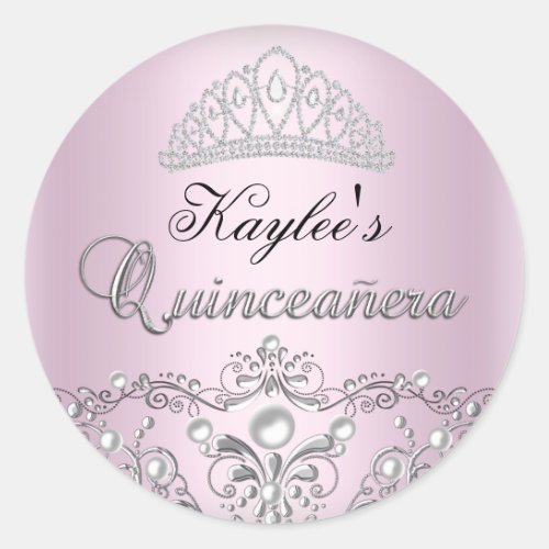 Silver  Pink Damask Pearl Quinceanera Sticker