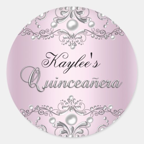 Silver  Pink Damask Pearl Quinceanera Sticker