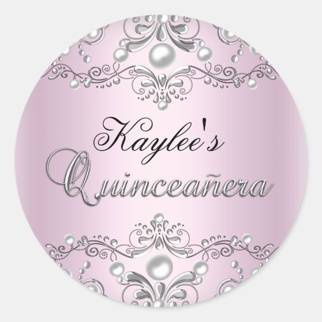 Silver & Pink Damask Pearl Quinceanera Sticker (Front)