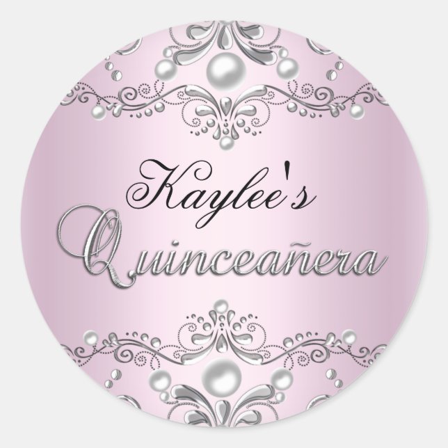 Silver & Pink Damask Pearl Quinceanera Sticker (Front)
