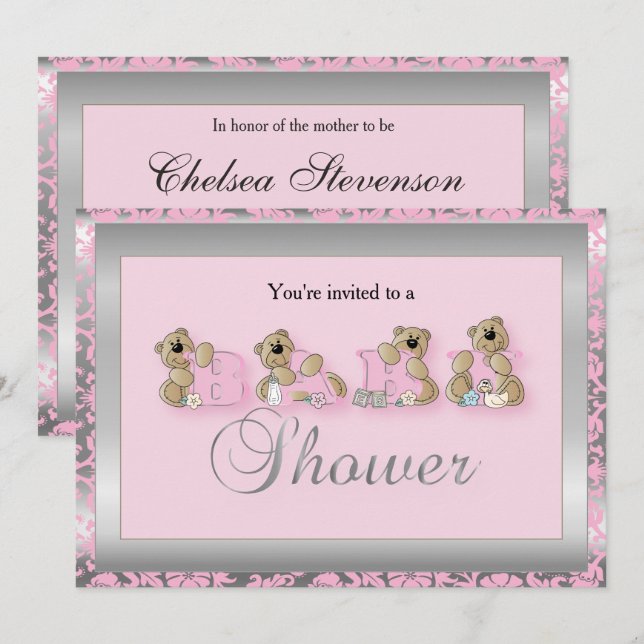 Silver & Pink Damask Teddy Bears | Baby Shower Invitation (Front/Back)