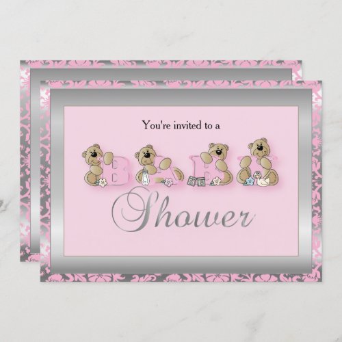 Silver  Pink Damask Teddy Bears  Baby Shower Invitation