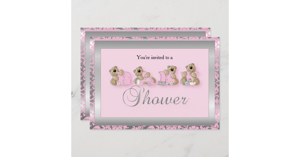 pink and grey damask baby shower invitations