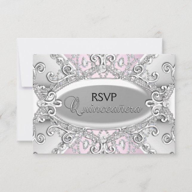 Silver & Pink Diamond Damask Quinceanera RSVP (Front)