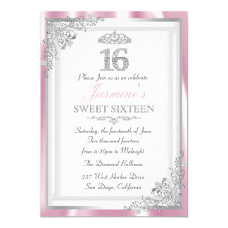 Silver Pink Diamond Damask & Tiara Sweet 16 Invite