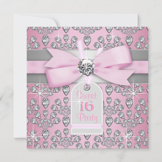 Silver Pink Diamond Pink & Gray Sweet 16 Birthday Invitation (Front)