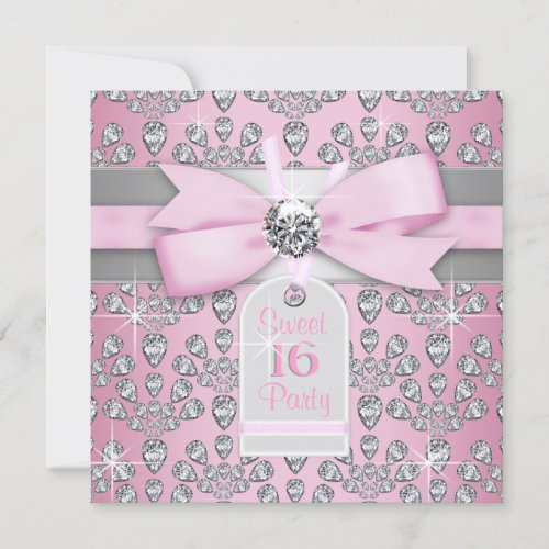 Silver Pink Diamond Pink &amp; Gray Sweet 16 Birthday Invite