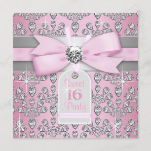 Silver Pink Diamond Pink & Gray Sweet 16 Birthday Invitation