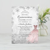 Silver Pink Dress Snowflakes Winter Quinceanera Invitation (Standing Front)