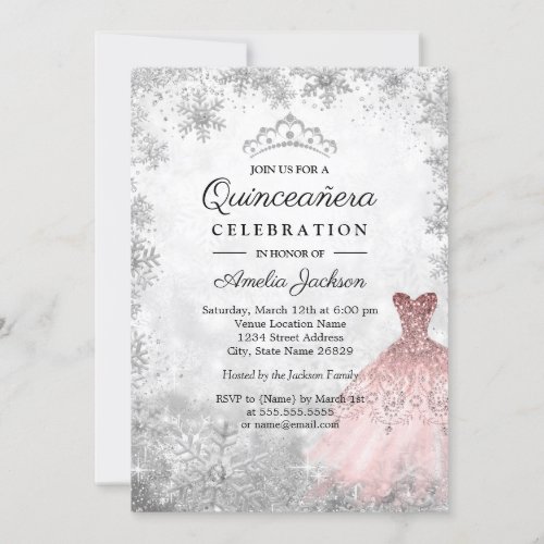 Silver Pink Dress Snowflakes Winter Quinceanera Invitation