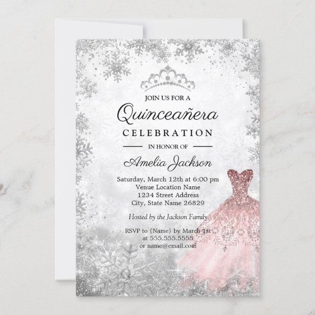 Silver Pink Dress Snowflakes Winter Quinceanera Invitation (Front)