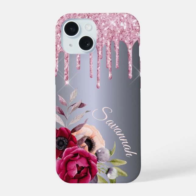 Silver pink drips floral name script iphone case (Back)