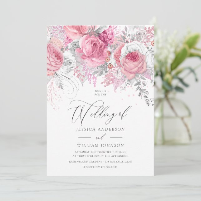 Silver & Pink Enchanted Floral Wedding Invitation (Standing Front)