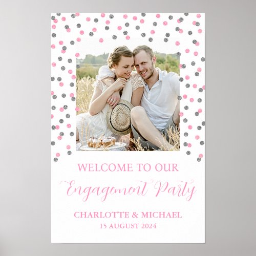 Silver Pink Engagement Party Custom 12x18 Photo Poster