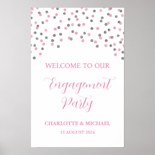 Silver Pink Engagement Party Custom 12x18 Poster