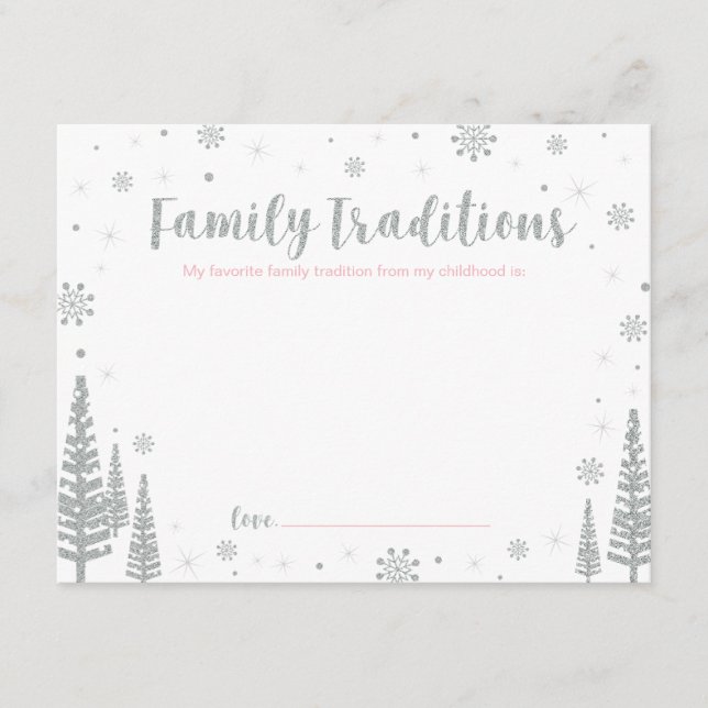 Silver & Pink | Family Traditions Baby Shower Game Advice Card (Front)