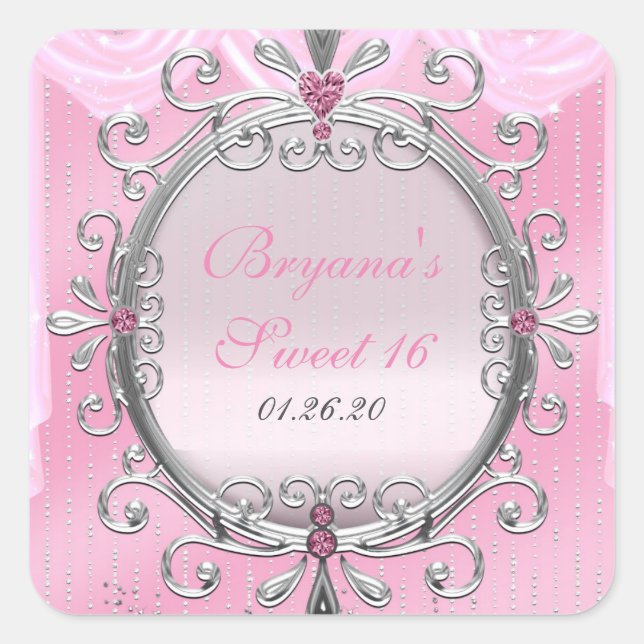 Silver & Pink Fancy Frame Birthday Party Sticker (Front)