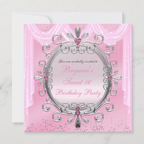 Silver Pink Fancy Frame Sweet 16 Party Invitation