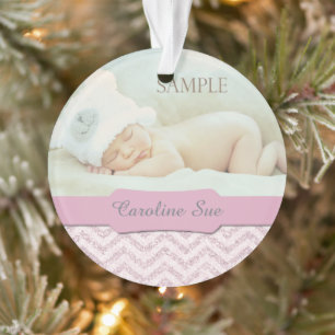 Silver Pink Faux Glitter Baby 1st Christmas Photo Ornament