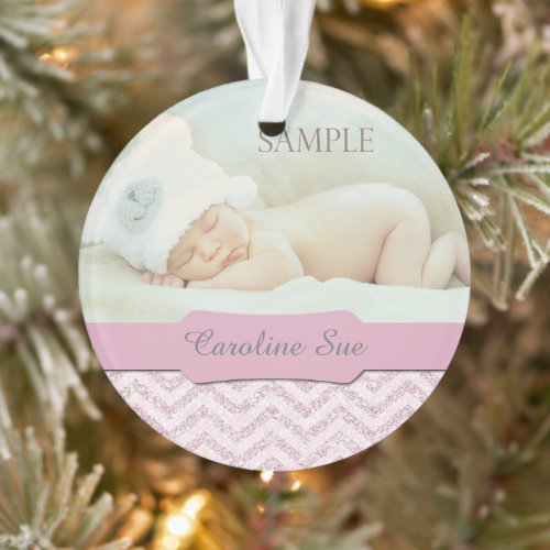 Silver Pink Faux Glitter Baby 1st Christmas Photo Ornament