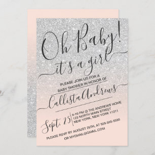 Silver Pink Faux Sparkly Glitter Ombre Baby Shower Invitation