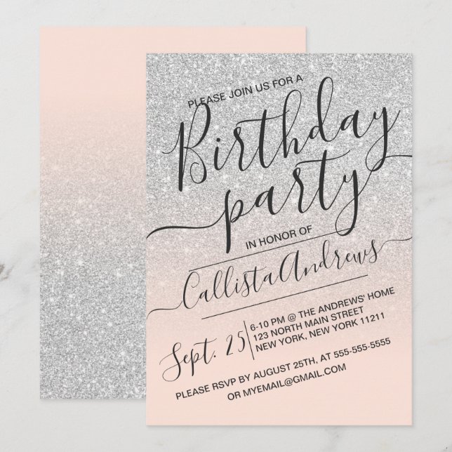 Silver Pink Faux Sparkly Glitter Ombre Birthday Invitation (Front/Back)