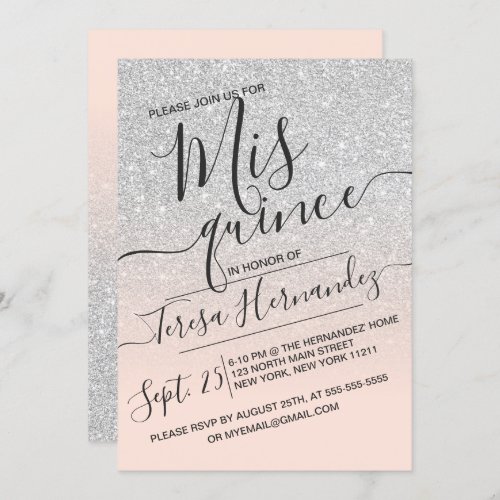 Silver Pink Faux Sparkly Glitter Ombre Quinceaera Invitation