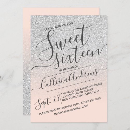 Silver Pink Faux Sparkly Glitter Ombre Sweet 16 Invitation