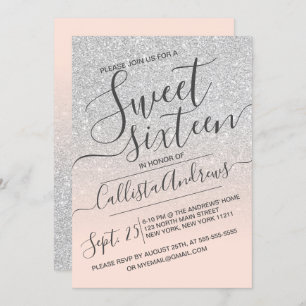 Silver Pink Faux Sparkly Glitter Ombre Sweet 16 Invitation
