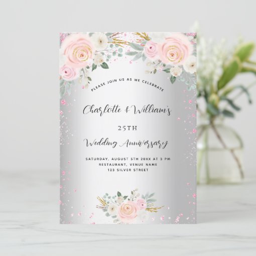 Silver pink floral 25th wedding anniversary invitation | Zazzle