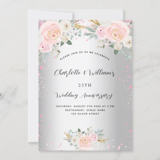 Silver pink floral 25th wedding anniversary invitation | Zazzle